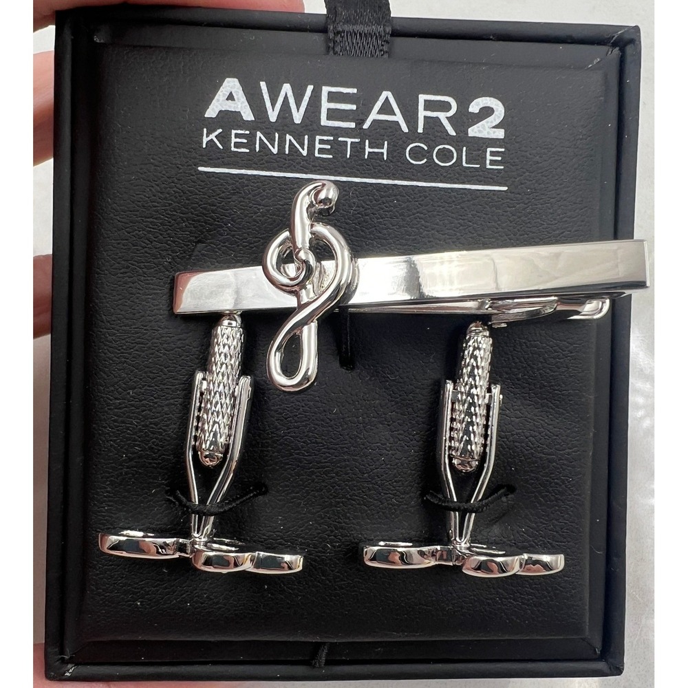 AWEAR2 Kenneth Cole Cufflinks & Tie Bar Set Men's Silver Tone Treble Music NIB